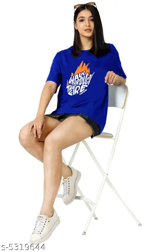 Oversize Cottonblend Printed Women's T-shirt (BLUE)