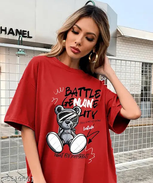 Oversize Cottonblend Printed Women's T-shirt (RED BATTLE)