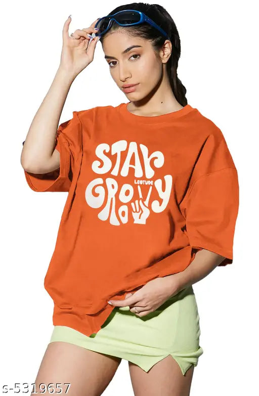 Oversize Cottonblend Printed Women's T-shirt (ORANGE STAR)