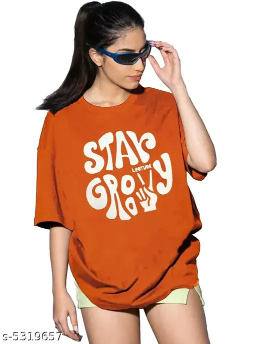 Oversize Cottonblend Printed Women's T-shirt (ORANGE STAR)