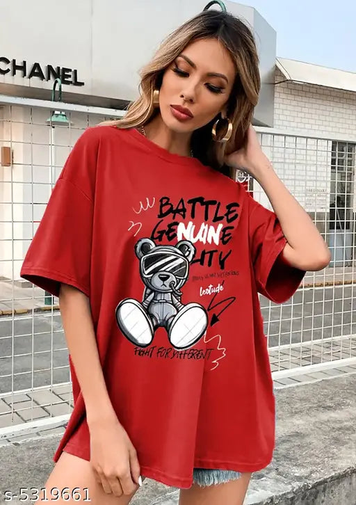 Oversize Cottonblend Printed Women's T-shirt (RED BATTLE)
